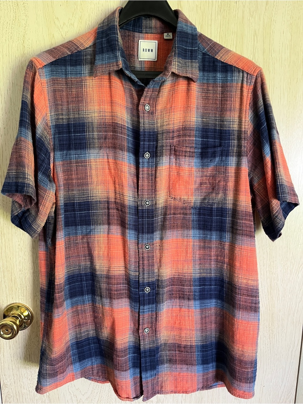 ROWM Men's Short Sleeve Plaid Shirt Cotton Navy Blue Orange Soft Sz M